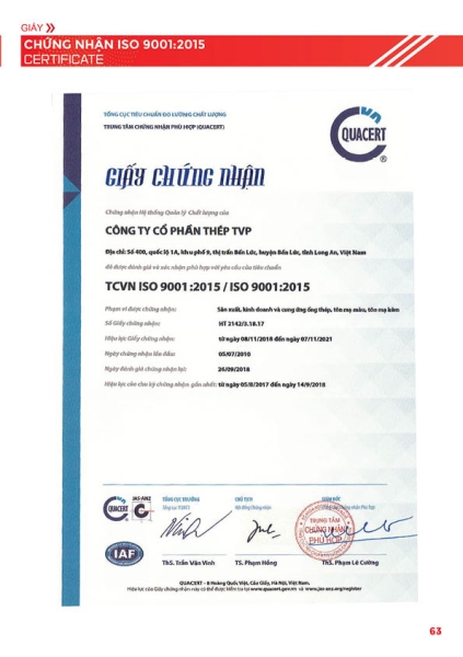 ISO 9001-2015 - Tôn Thép TVP - Công Ty Cổ Phần Thép TVP